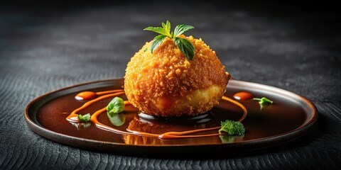 A delectable fried sphere, delicately placed on a dark plate, is adorned with vibrant orange sauce swirls and fresh green herbs, creating an exquisite culinary presentation.