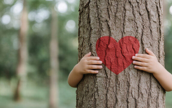 A tree trunk bears a bright red heart painted on the bark as small hands grip the trunk, creating a tender, protective moment in a peaceful outdoor setting. - Powered by Adobe