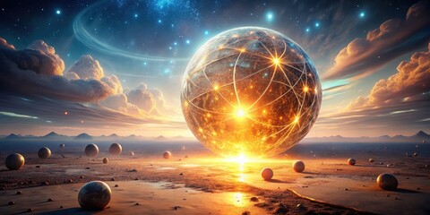 A luminous celestial sphere descends upon a desolate, sun-drenched landscape, casting an ethereal glow upon the scattered orbs below, a breathtaking panorama of otherworldly beauty.