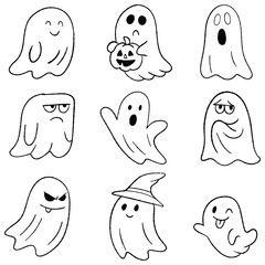 Cute halloween ghost doodle illustration set
