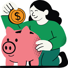 Woman saving money piggy bank illustration