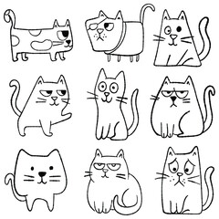 Funny doodle cats collection in minimal line art