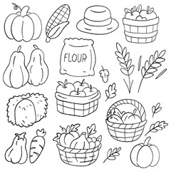 Harvest farm fruits and vegetables doodle set