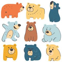 Colorful doodle bear collection in playful style