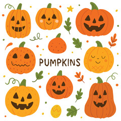 Cute pumpkins halloween doodle illustration set