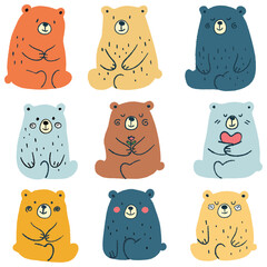 Colorful doodle bear collection in playful style