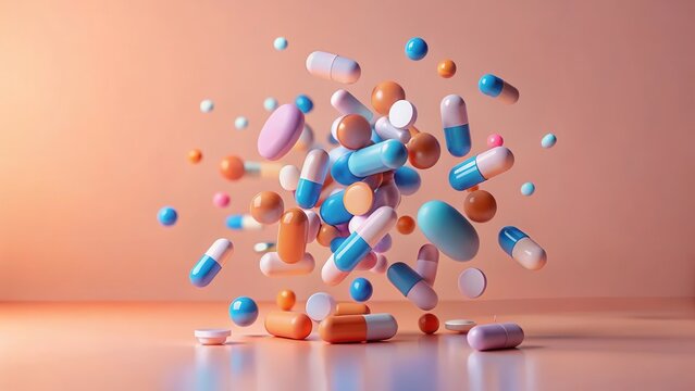 A vibrant profusion of colorful capsules and tablets in dynamic motion against a soft, peach-toned backdrop