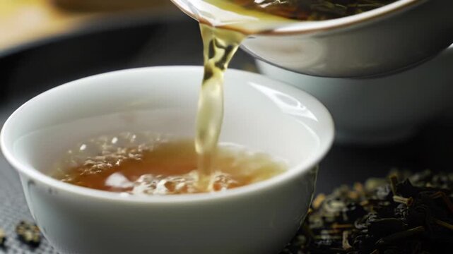Tea ceremony pouring liquid into white bowl close up with steam