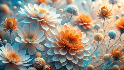 A Dreamlike Tapestry of Delicate Blooms in Soft Pastel Hues, Featuring a Symphony of Flower Forms and Textures, Evoking a Sense of Calm and Serenity