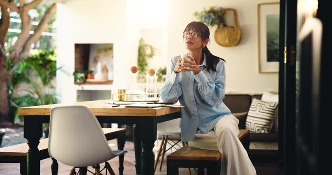 Woman, decision and coffee for remote work from home with phone, relief or complete project. Person, reflection and freelance job with smartphone, mobile app and tea cup with notification at house