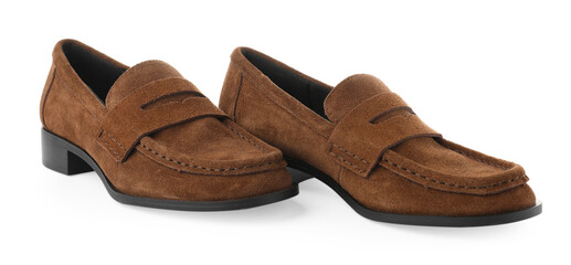 Pair of stylish brown shoes isolated on white