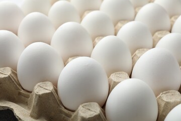 Many raw chicken eggs in egg carton, closeup