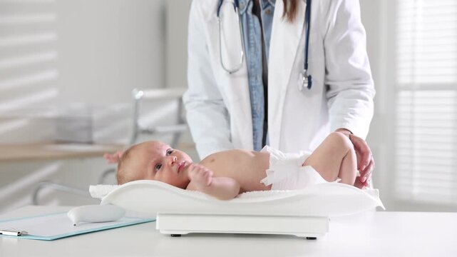 Pediatrician weighting little baby in clinic, closeup