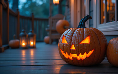 Fototapeta premium Cozy Spooky Porch with Festive Warm Orange Halloween Pumpkin Lantern