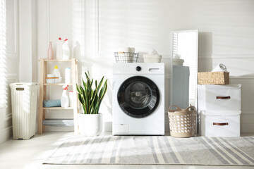 Laundry room interior with washing machine, detergents and houseplant