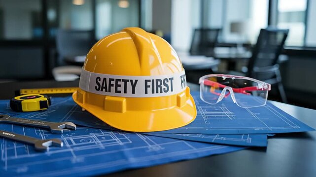 Safety First at Work: Hard Hat on Blueprint in Modern Office
