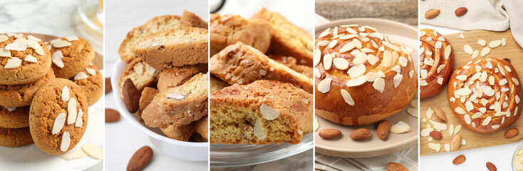 Different tasty pastry with almond, collage. Cookies and buns