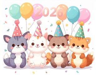 Obraz premium Cute Cartoon Animals Celebrating New Year 2026