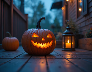 Obraz premium Warm Orange Festive Porch with Halloween Pumpkin Lantern and Spooky Glow
