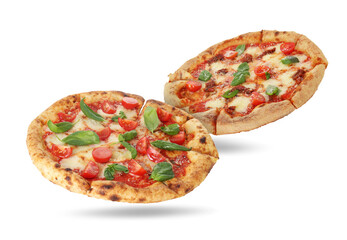 Different delicious pizzas in air on white background