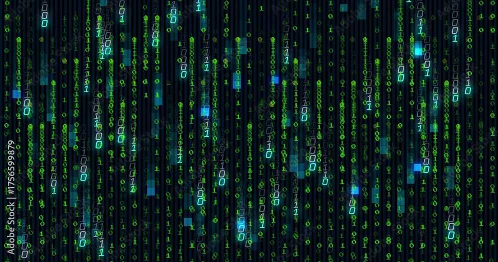 Wall mural Streaming vertical binary digits cascading in code matrix, with glowing green and blue blocks