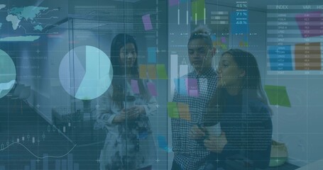 Analyzing group of three professionals discussing in office, using planning board and sticky notes