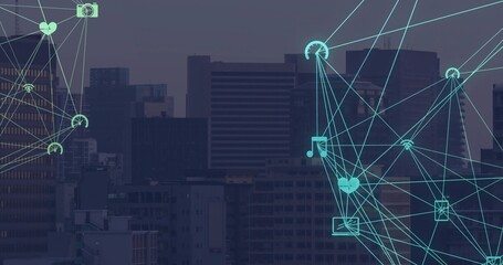 Displaying high-rise skyline and digital network mesh over rooftop at dusk, with connectivity icons