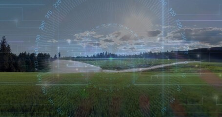 Obraz premium Overlaying meadow with stream under translucent HUD in rural field, compass ring and grid overlays