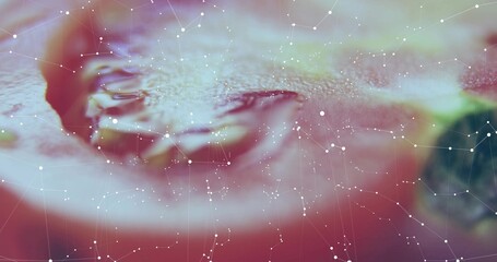 Central liquid showing ripple and droplet in pink-green background, with white dot-and-line overlay