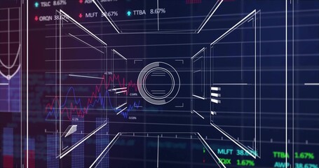 Central circular graphic floating in white wireframe corridor, with line graphs and stock tickers