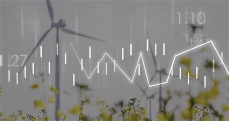 Rising wind turbine in yellow field, showing candlestick, line graph overlays and numeric labels