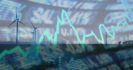 Showing wind turbine towers rotating on field, with overlaid financial data and blurred ticker text