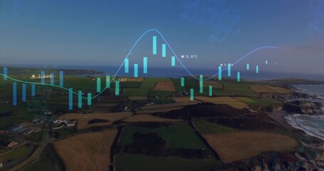 Displaying semi-transparent candlestick bars, line graph on coastal farmland showing numeric labels