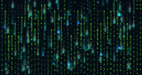 Streaming vertical binary digits cascading in code matrix, with glowing green and blue blocks
