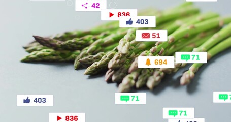 Displaying bundle of fresh asparagus spears lying on grey tabletop, with digital social media icons