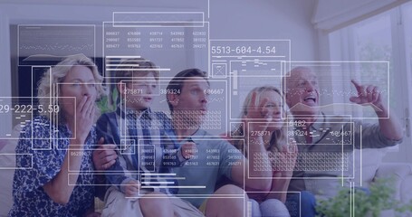 Reacting family of five watching floating data graphics on living room couch with plants and blinds