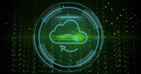 Pulsing cloud sync icon within rings in interface, emitting radial green glow and streaming bits