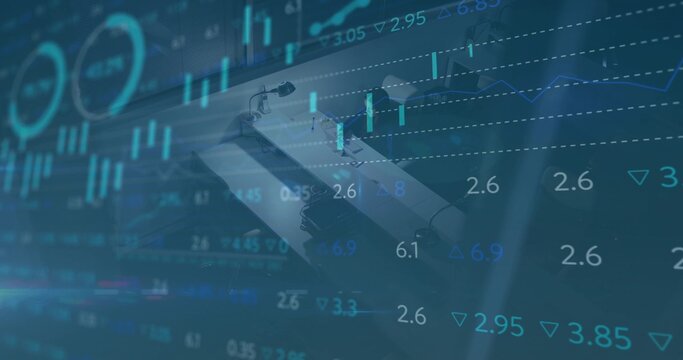 Team analyzing financial charts around table in meeting room, with laptop cups documents pens - Powered by Adobe