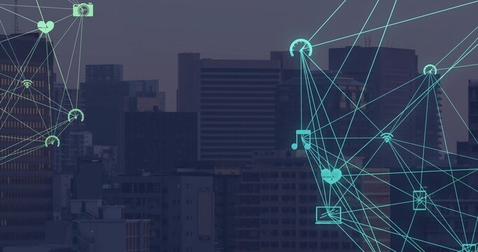 Displaying high-rise skyline and digital network mesh over rooftop at dusk, with connectivity icons