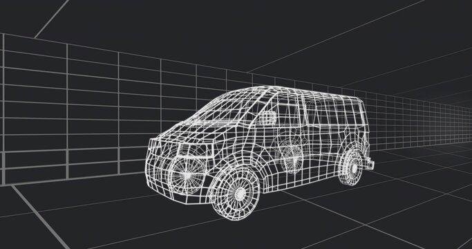 Displaying wireframe cargo van model rotating on virtual 3D grid workspace, perspective grid lines
