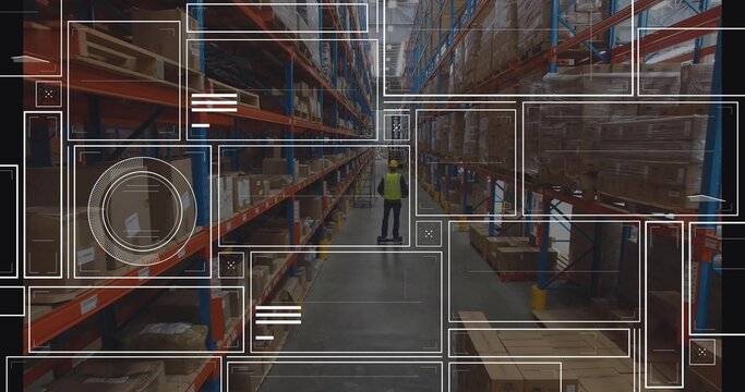 Worker wearing yellow safety vest hardhat standing in shelving aisle, with digital overlay graphics
