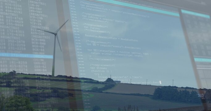 Showing white wind turbine rotating on distant hill inside office, with code overlay on glass panel