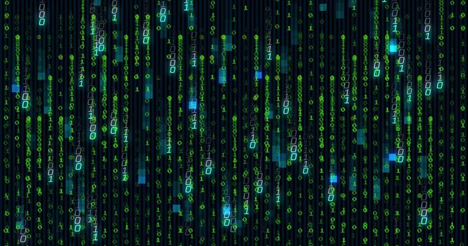 Streaming vertical binary digits cascading in code matrix, with glowing green and blue blocks