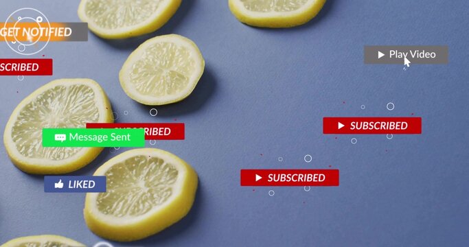 Displaying sliced yellow lemons arranged on textured blue tabletop, with social media UI alerts