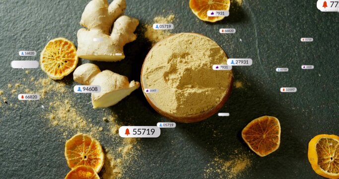 Ginger powder bowl sitting in studio with ginger root, dried citrus, floating notification badges