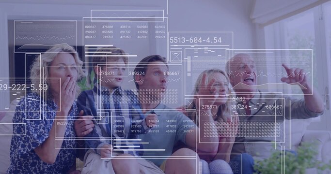 Reacting family of five watching floating data graphics on living room couch with plants and blinds - Powered by Adobe