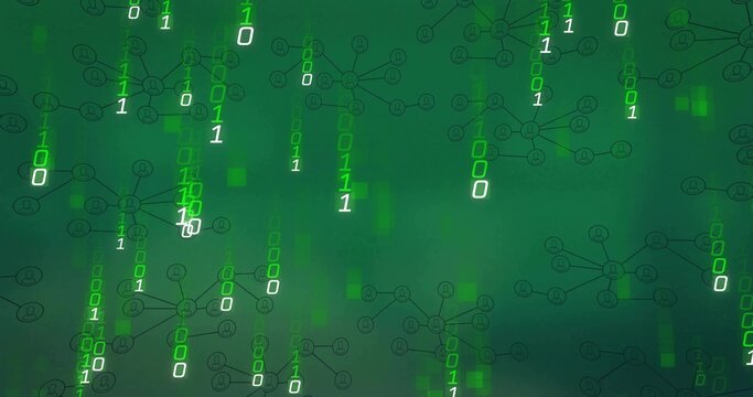 Cascading binary digits forming schematic network node diagrams in virtual environment, green theme
