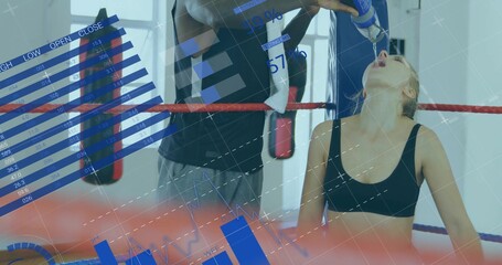 Boxer drinking water from coach bottle inside ropes wearing sports bra, data overlays, copy space