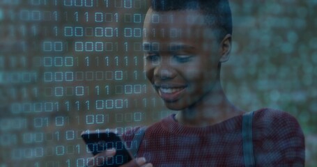 Woman wearing backpack and analyzing binary code overlay by brick wall, holding smartphone