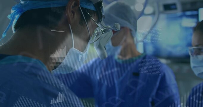 Performing surgery surgeon in blue scrubs leaning over drape with instruments in OR, copy space